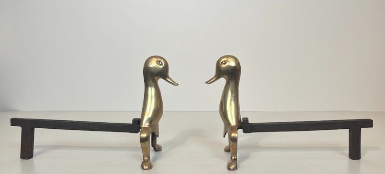 Pair De Chenets Representing Stylised Brass Ducks In The Lalanne Style