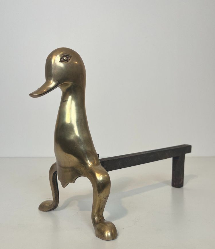 Pair De Chenets Representing Stylised Brass Ducks In The Lalanne Style