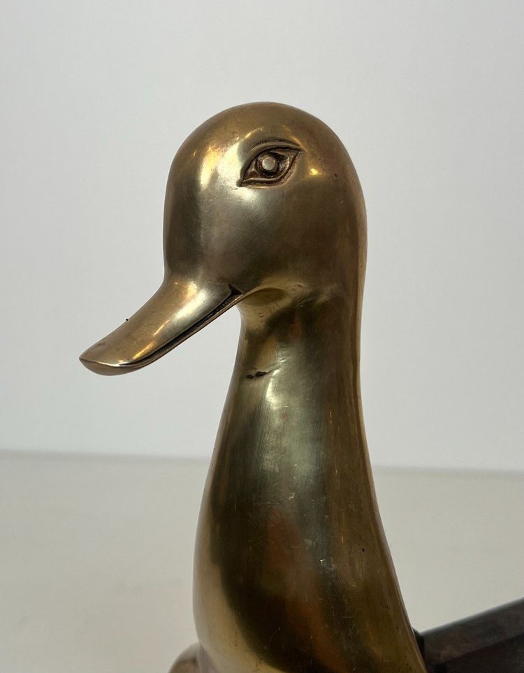 Pair De Chenets Representing Stylised Brass Ducks In The Lalanne Style