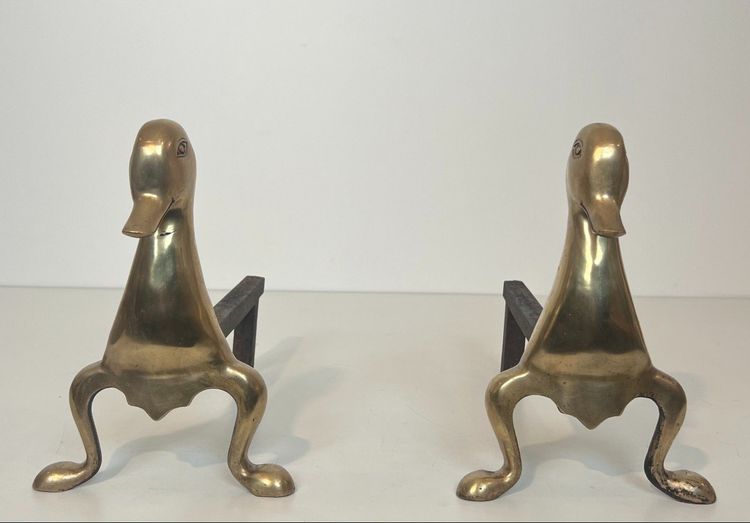 Pair De Chenets Representing Stylised Brass Ducks In The Lalanne Style