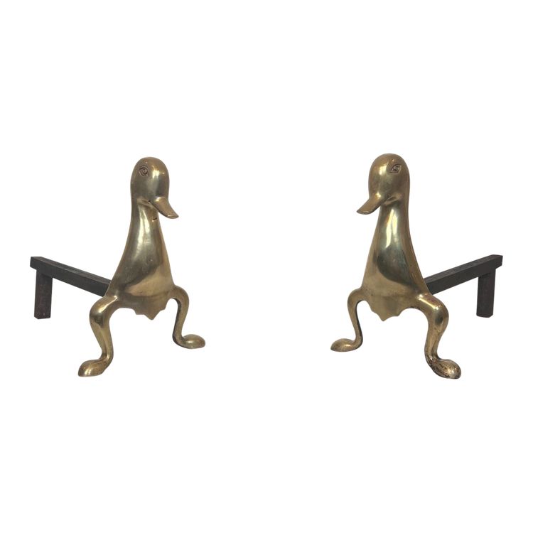 Pair De Chenets Representing Stylised Brass Ducks In The Lalanne Style