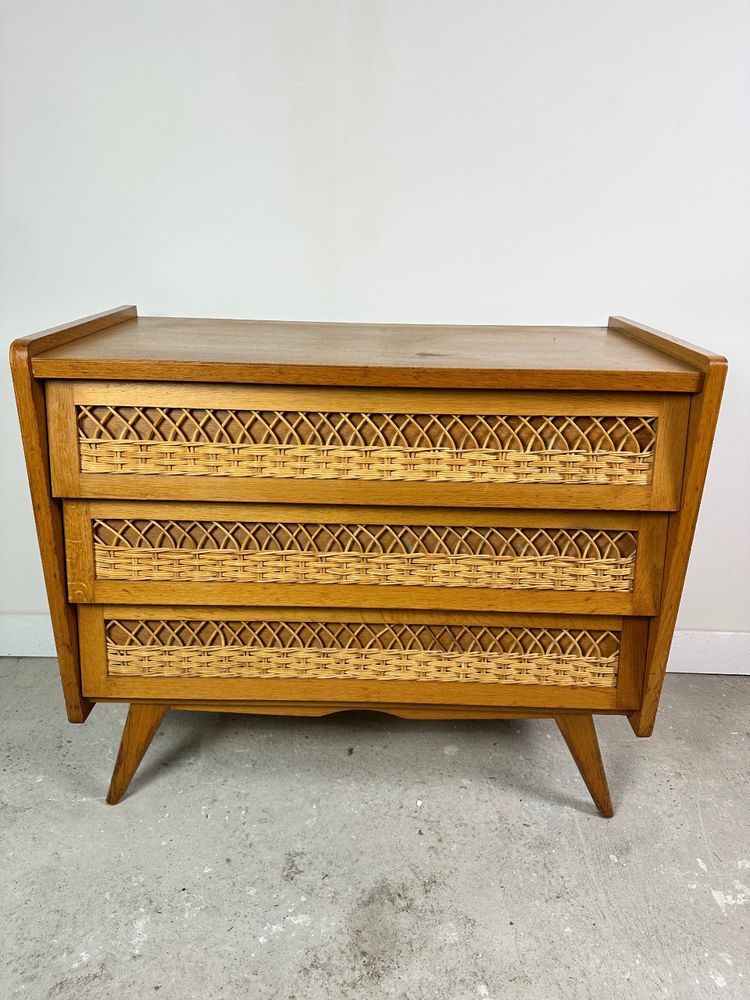 Vintage 1960s chest of drawers in beech and rattan