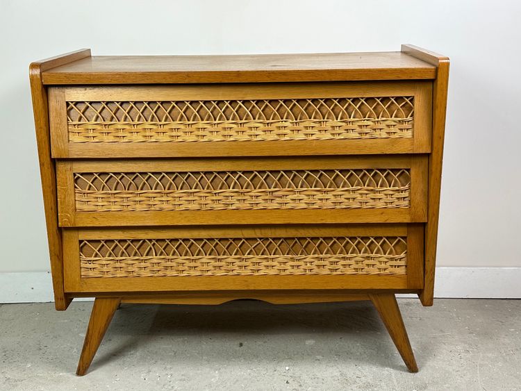 Vintage 1960s chest of drawers in beech and rattan