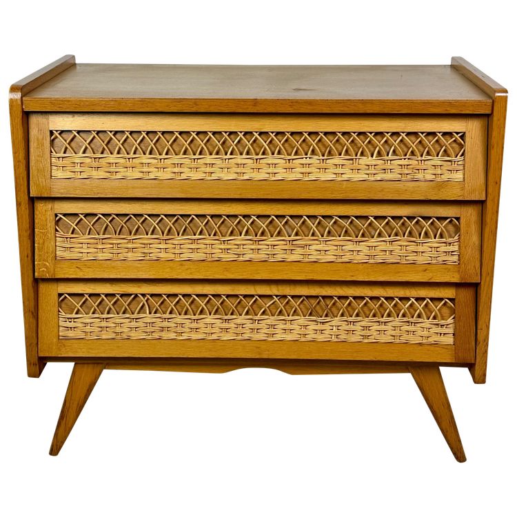 Vintage 1960s chest of drawers in beech and rattan