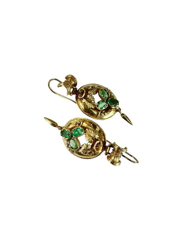 Pair of Napoleon III Gold and Emerald Drop Earrings