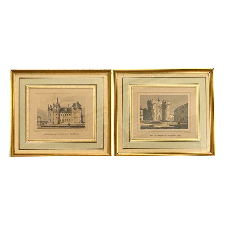 Pair of engravings, Porte Guillaume in Chartres, Chateau de Montigny, 1830