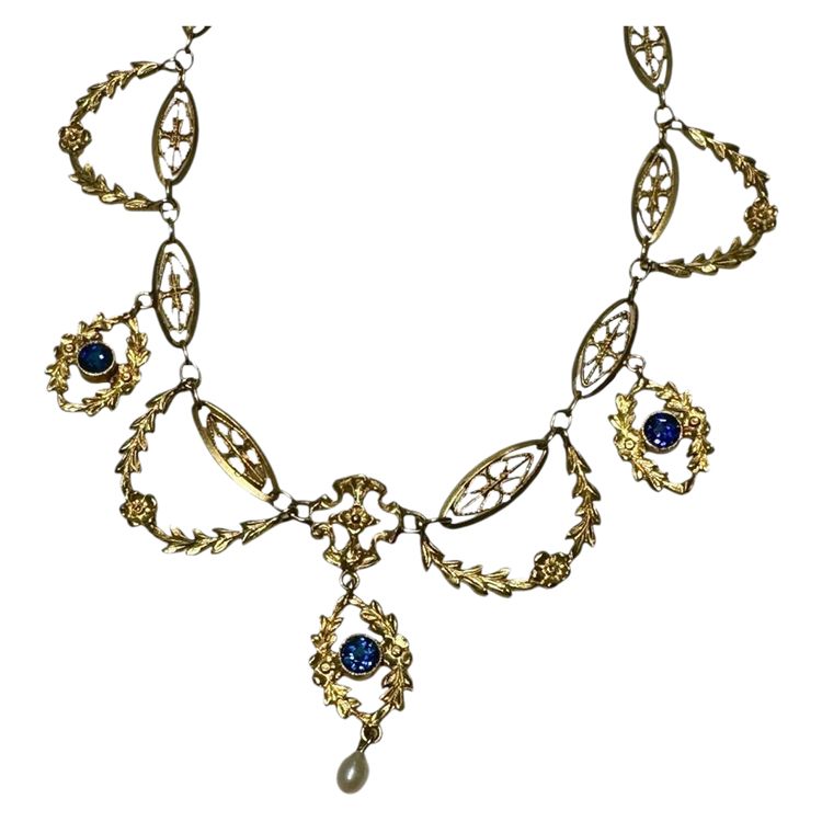 Collana Art Nouveau in oro, zaffiri e perle fini