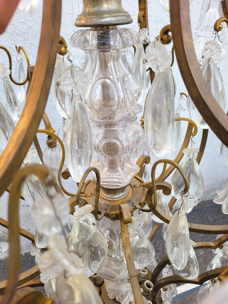 Large Bronze and Crystal Cage Chandelier (h142cm), 20th Century