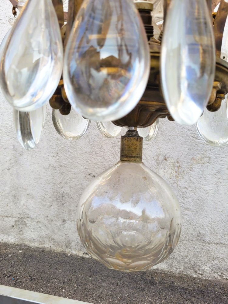 Large Bronze and Crystal Cage Chandelier (h142cm), 20th Century