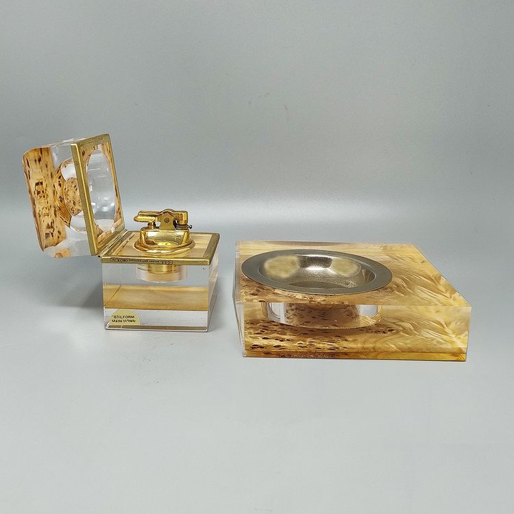 1970s Stunning Smoking Set by Stilform in Lucite and Brass Galvanized Gold 24K. Made in Italy