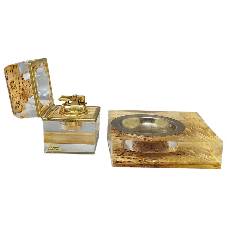 1970s Stunning Smoking Set by Stilform in Lucite and Brass Galvanized Gold 24K. Made in Italy