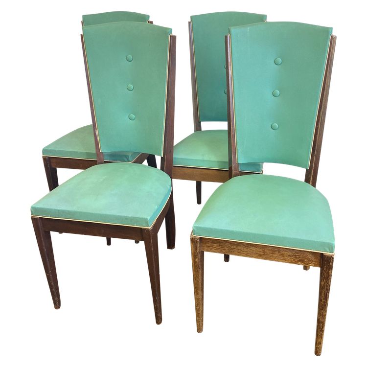 Suite de 4 chaises art déco vertes en hêtre teinté et simili cuir Circa 1960