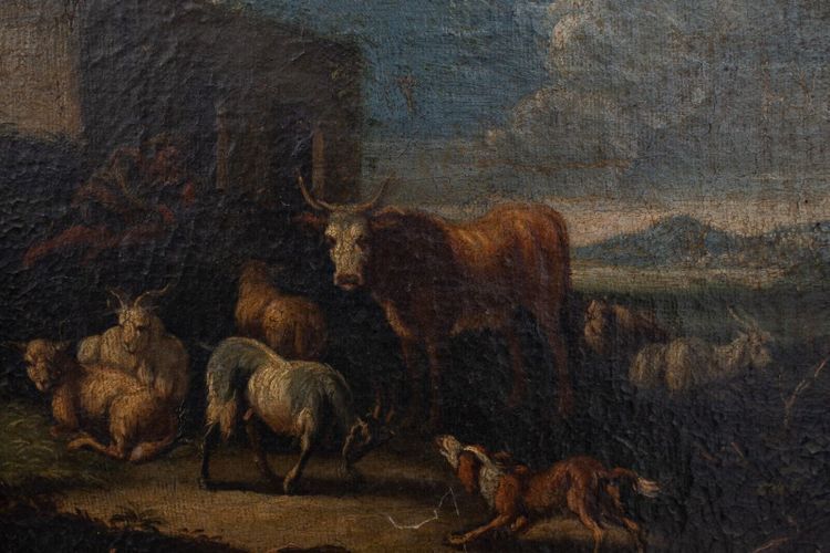 Oil on canvas 18th century scene of animals and shepherd gilded frame