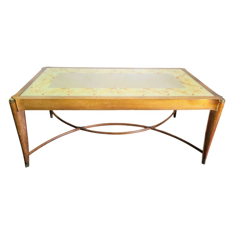 Attr. M Jallot, Oak Center Table, Painted Top Under Glass, Mid 20th Century