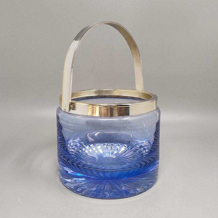 1970s Gorgeous Blue Ice Bucket in Crystal by L.A.C.S. Made in Italy.