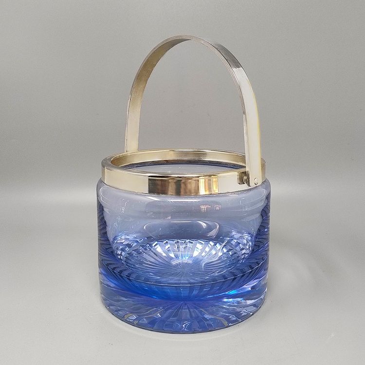 1970s Gorgeous Blue Ice Bucket in Crystal by L.A.C.S. Made in Italy.