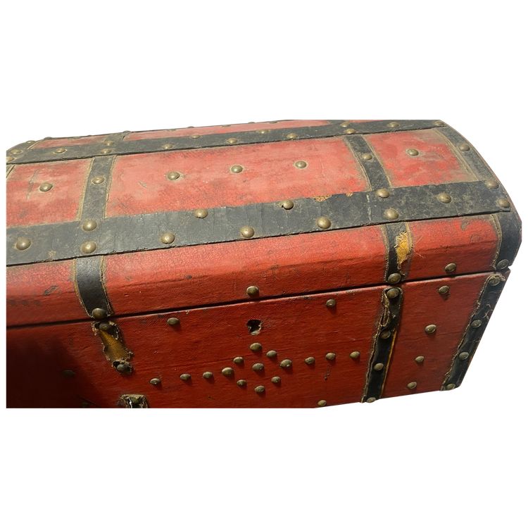 19th century red lacquered domed studded and strapped table box