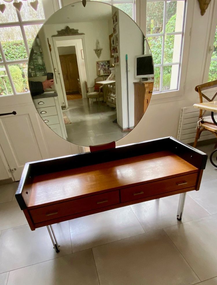 Scandinavian teak dressing table with large round mirror