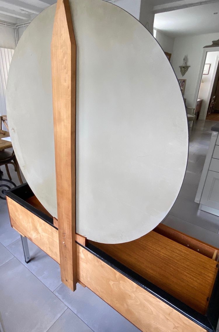 Scandinavian teak dressing table with large round mirror