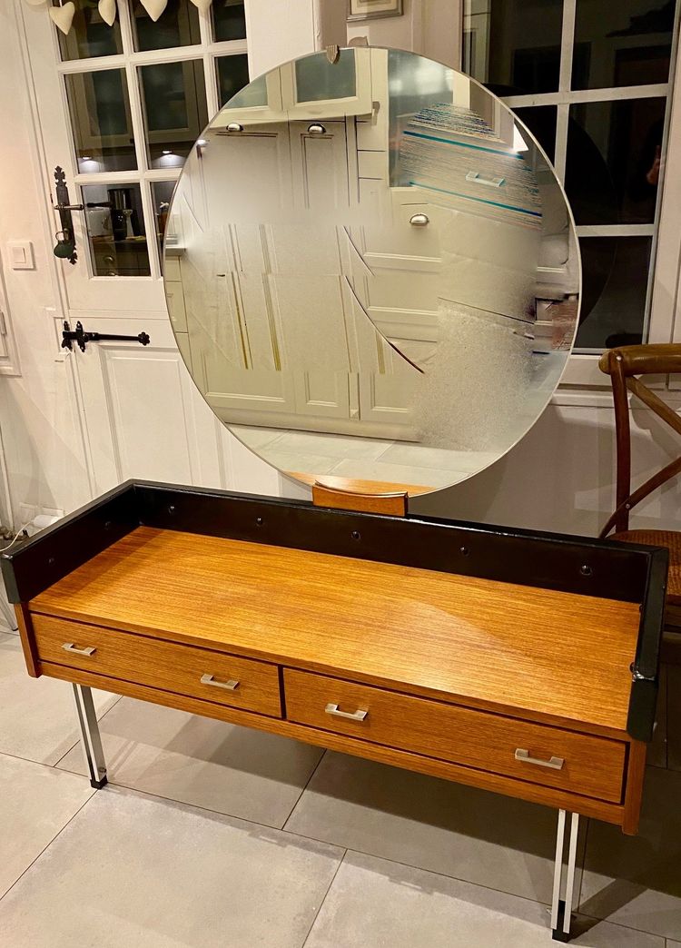 Scandinavian teak dressing table with large round mirror