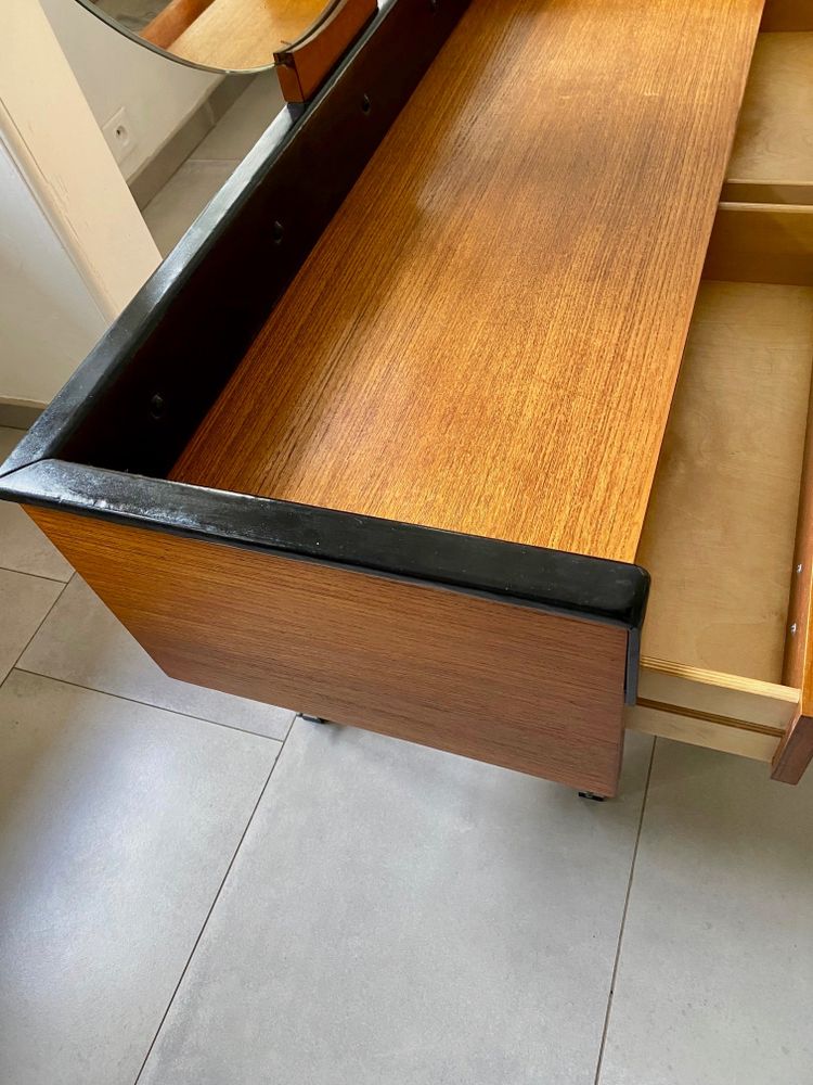 Scandinavian teak dressing table with large round mirror