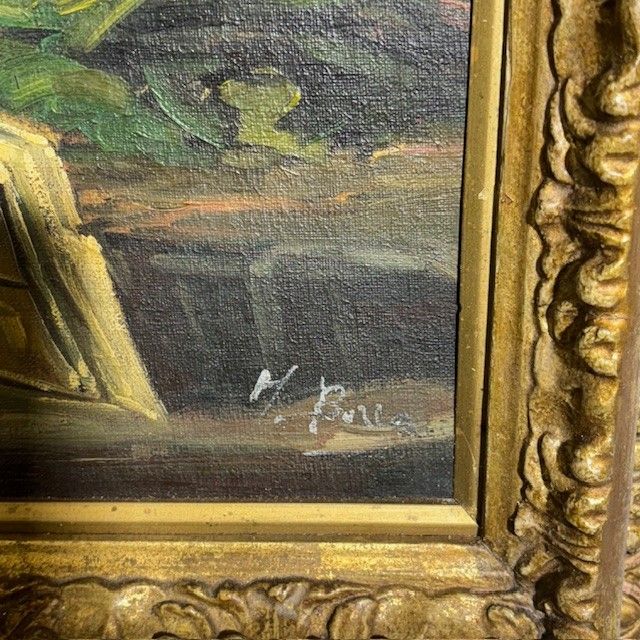 Antique oil painting on panel. Artist's studio. Period 1850 with antique gilded frame. Size 64 x 50.