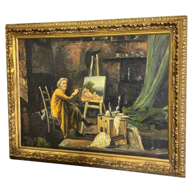 Antique oil painting on panel. Artist's studio. Period 1850 with antique gilded frame. Size 64 x 50.