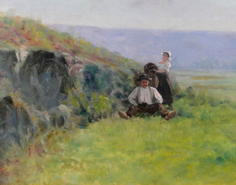 Ecole française vers 1880-90, Paysage, la récolte, tableau impressionnisme, signé