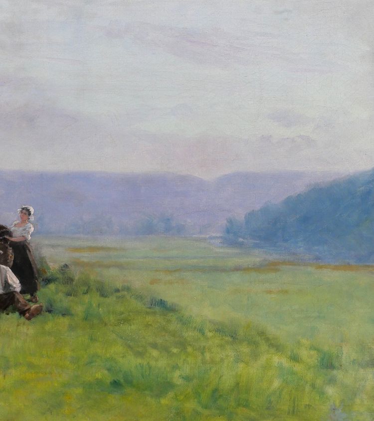 Ecole française vers 1880-90, Paysage, la récolte, tableau impressionnisme, signé