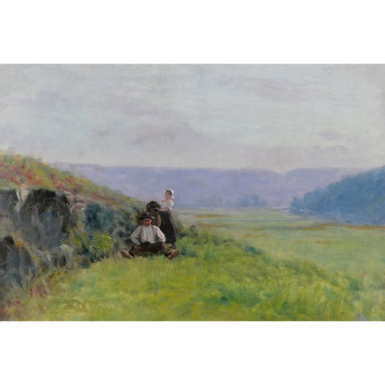 Ecole française vers 1880-90, Paysage, la récolte, tableau impressionnisme, signé