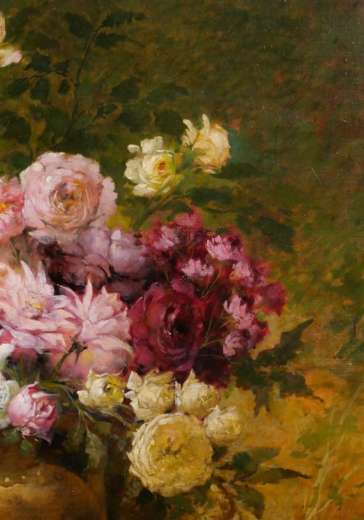 Emile Laporte 1841-1919 Still life of flowers (roses), large painting, 1910, garden