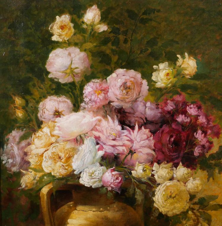 Emile Laporte 1841-1919 Still life of flowers (roses), large painting, 1910, garden