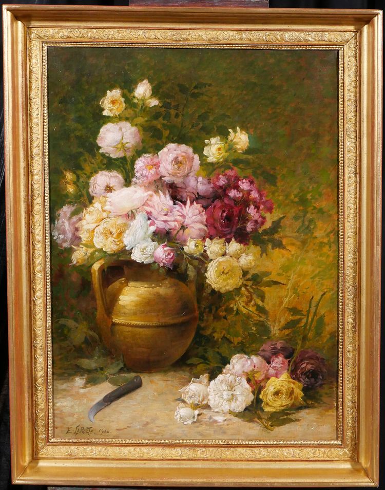 Emile Laporte 1841-1919 Still life of flowers (roses), large painting, 1910, garden