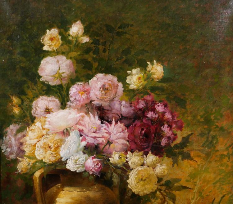 Emile Laporte 1841-1919 Still life of flowers (roses), large painting, 1910, garden