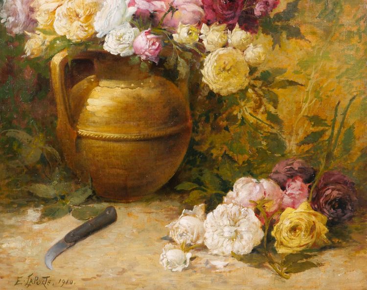 Emile Laporte 1841-1919 Still life of flowers (roses), large painting, 1910, garden