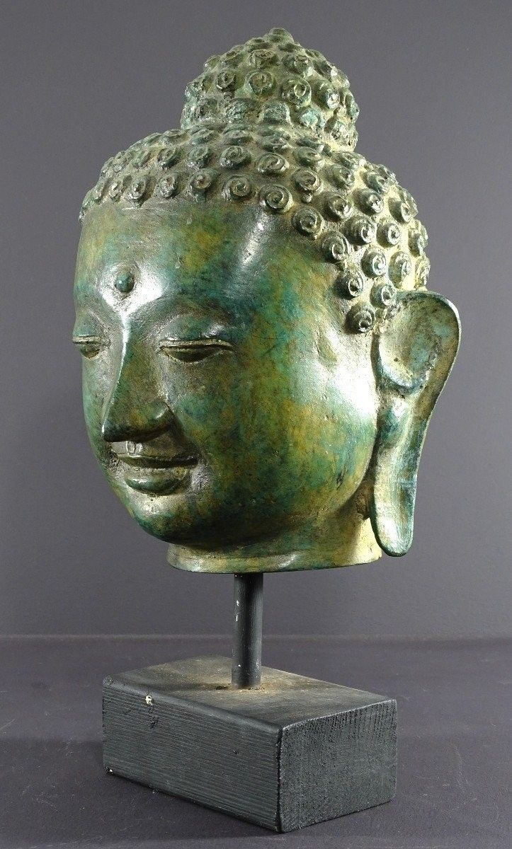 Thaïlande, Années 1920/1930, Grande Tête De Bouddha En Bronze Dans Le Style Ayuttaya.