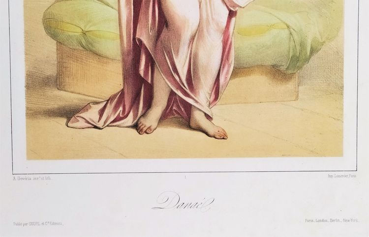  Danae  Watercolored Lithograph By Achille Devéria Greek Mythology Old Print 19th C