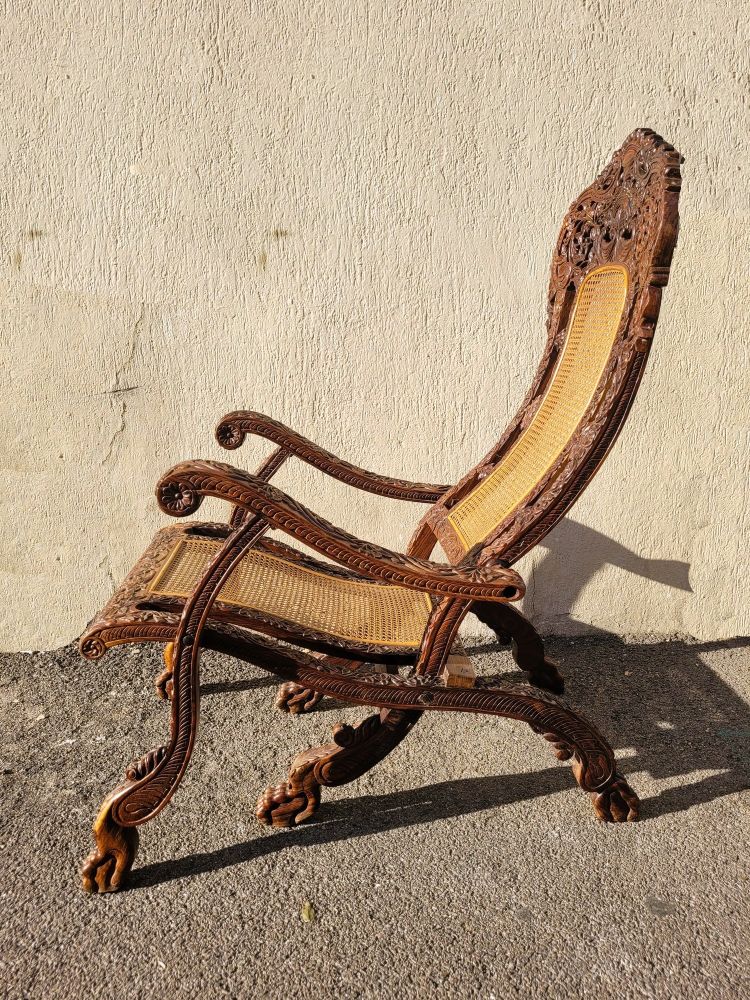 Carved Wood Folding Armchair, India 19th Century