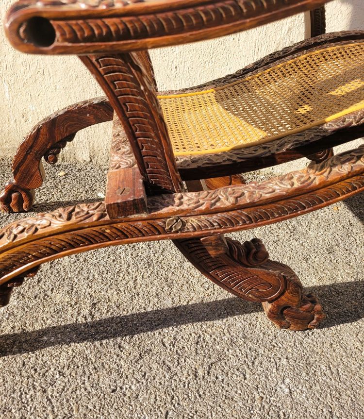 Carved Wood Folding Armchair, India 19th Century