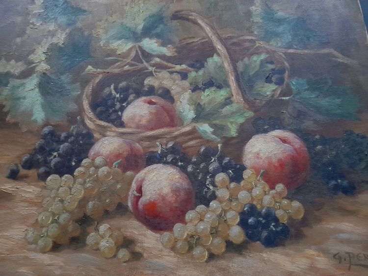 Large frameless still life painting with fruit