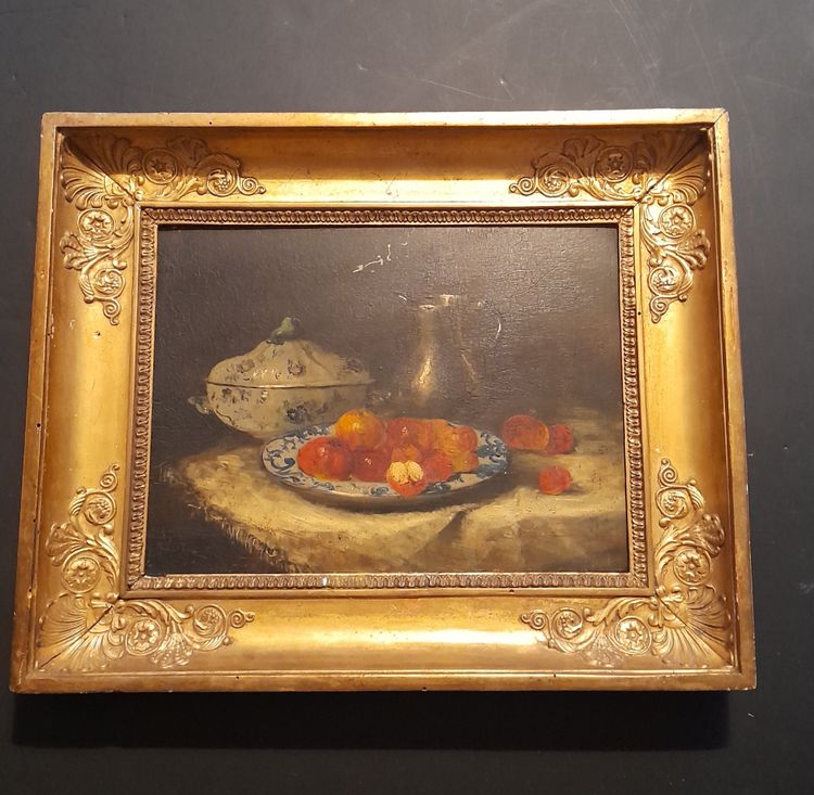  painting still life with fruit oil on panel with gilded wood frame