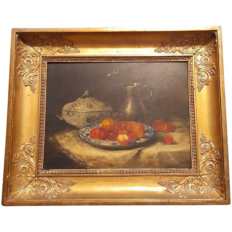  painting still life with fruit oil on panel with gilded wood frame