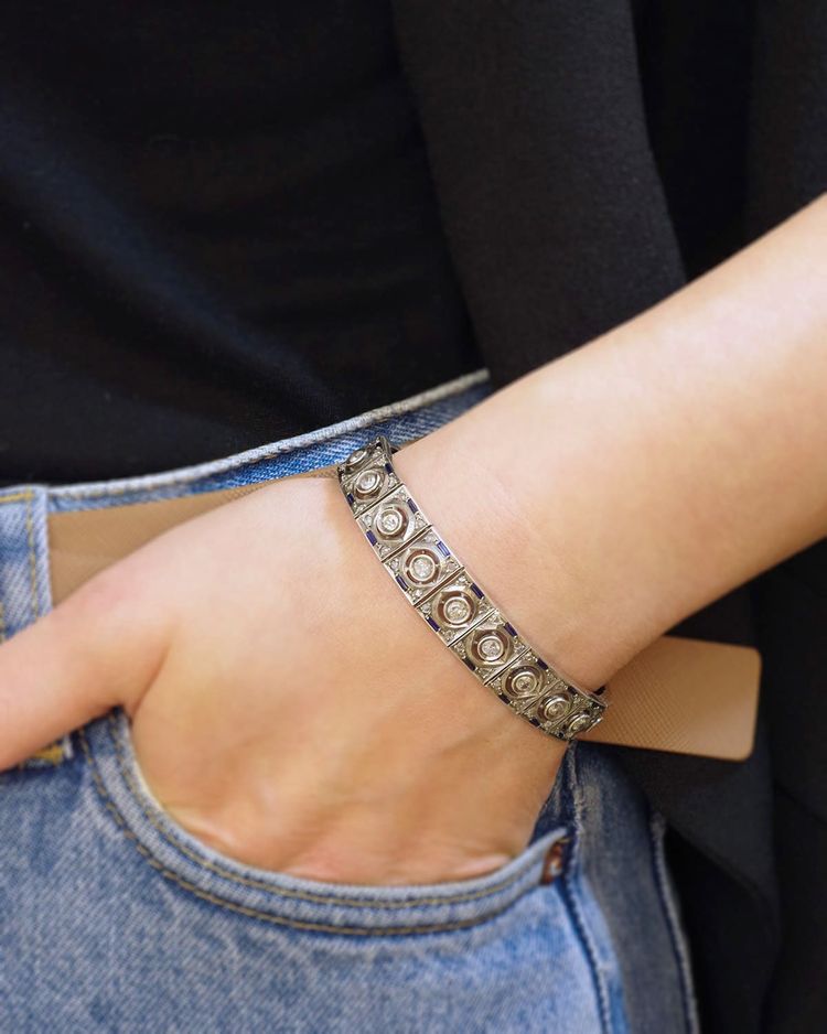 Art Deco sapphire bracelet in silver, Art Deco jewelry