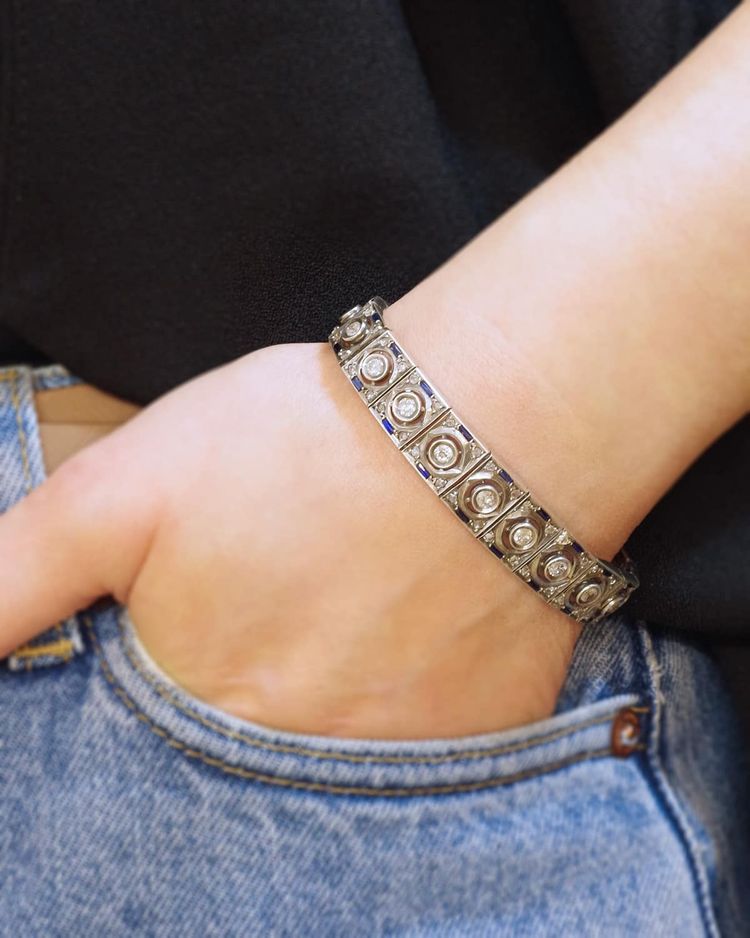 Art Deco sapphire bracelet in silver, Art Deco jewelry