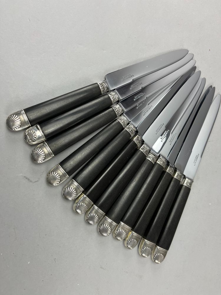 12 Cheese knives ebony handle shell ferrule