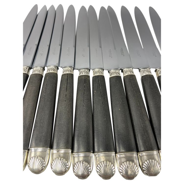 12 Cheese knives ebony handle shell ferrule