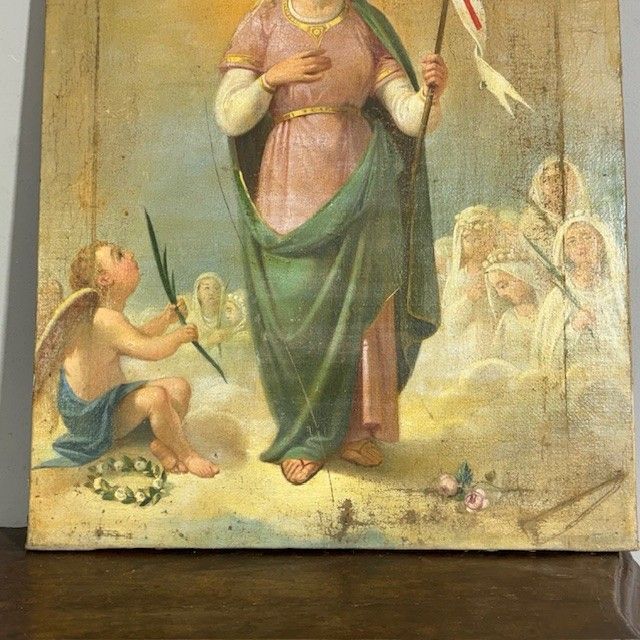 Antique oil painting 17th century with Saint Ursula and the Eleven Virgins. Sienese school . Measure 60 x45