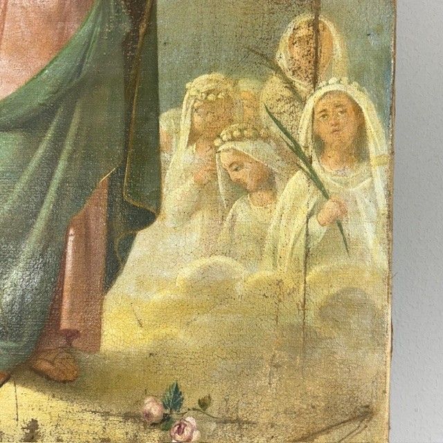 Antique oil painting 17th century with Saint Ursula and the Eleven Virgins. Sienese school . Measure 60 x45