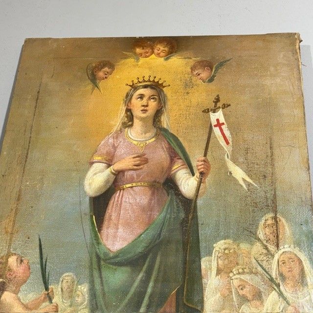 Antique oil painting 17th century with Saint Ursula and the Eleven Virgins. Sienese school . Measure 60 x45