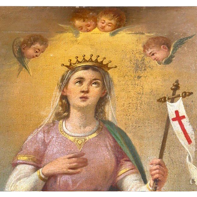 Antique oil painting 17th century with Saint Ursula and the Eleven Virgins. Sienese school . Measure 60 x45